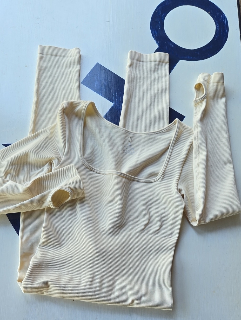 Cream Ribbed Activewear Yoga Layering Bodysuit With Legs Size Medium